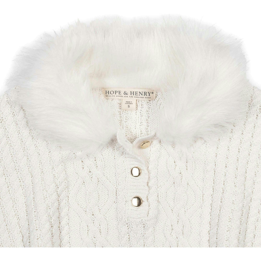 Organic Cable Sweater Cape with Faux Fur, White