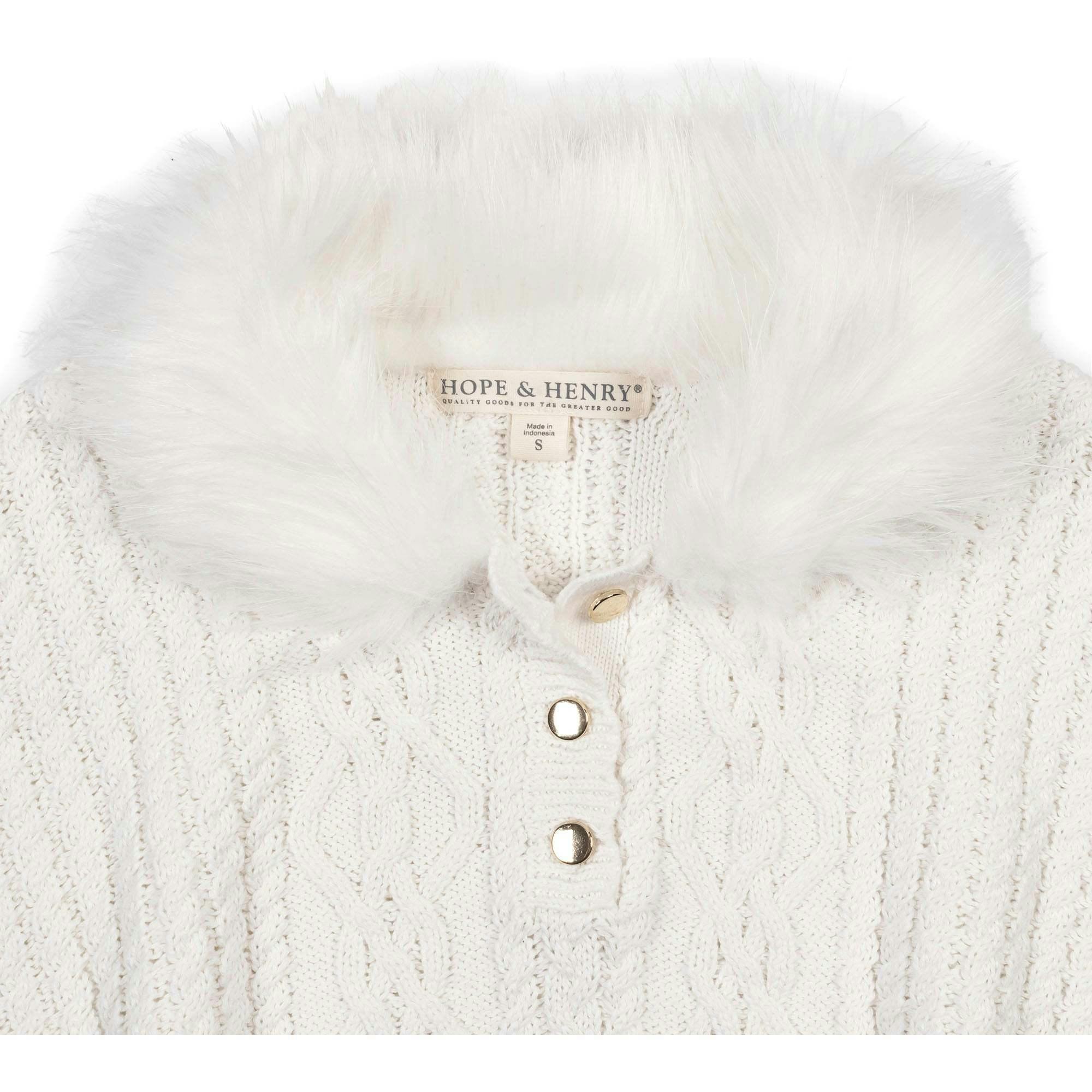 Organic Cable Sweater Cape with Faux Fur, White