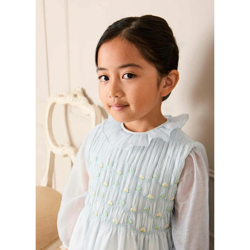 Daisy Embroidered Hand Smocked Long Sleeve Dress in Blue (18mths-8yrs)