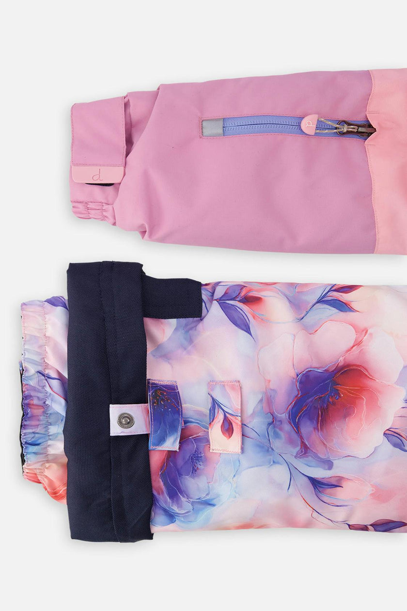Two Piece Play Snowsuit Pink And Purple Colorblock With Watercolor Floral Print Pants