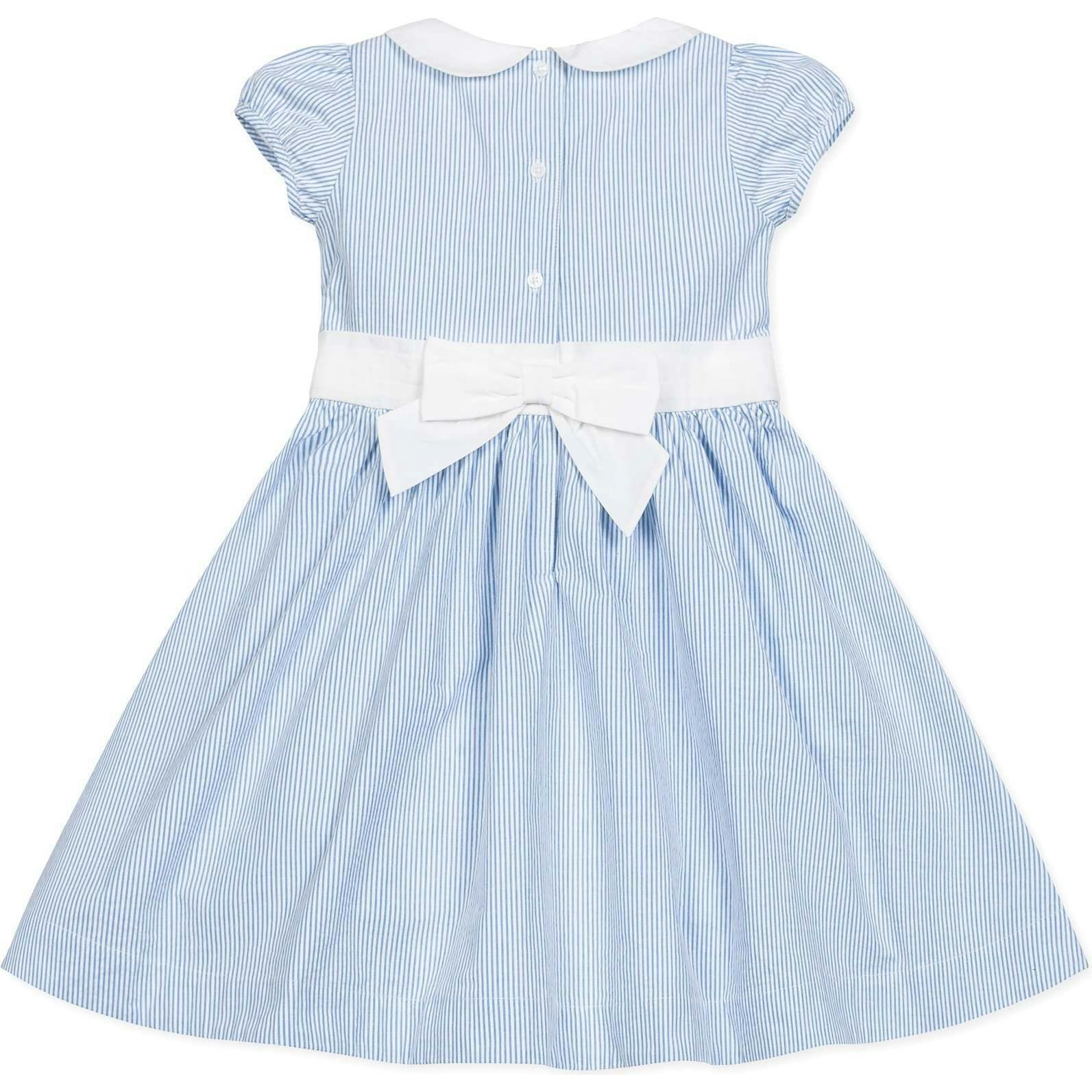 Organic Short Sleeve Seersucker Dress with Peter Pan Collar, Blue