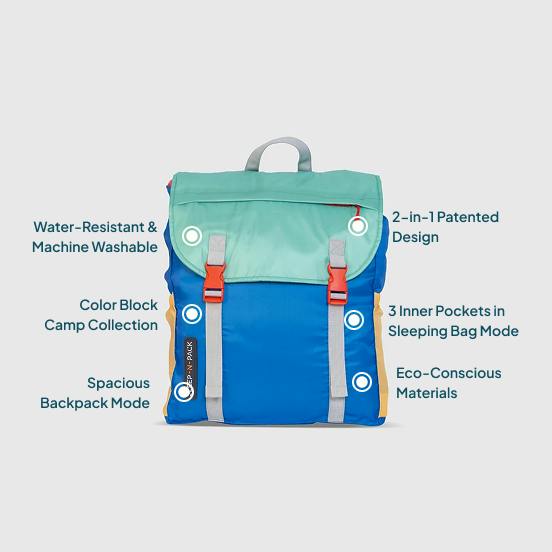 Sleep-N-Pack™ – Big Kid Size | Color Block Camp Collection: Blue Smile Face
