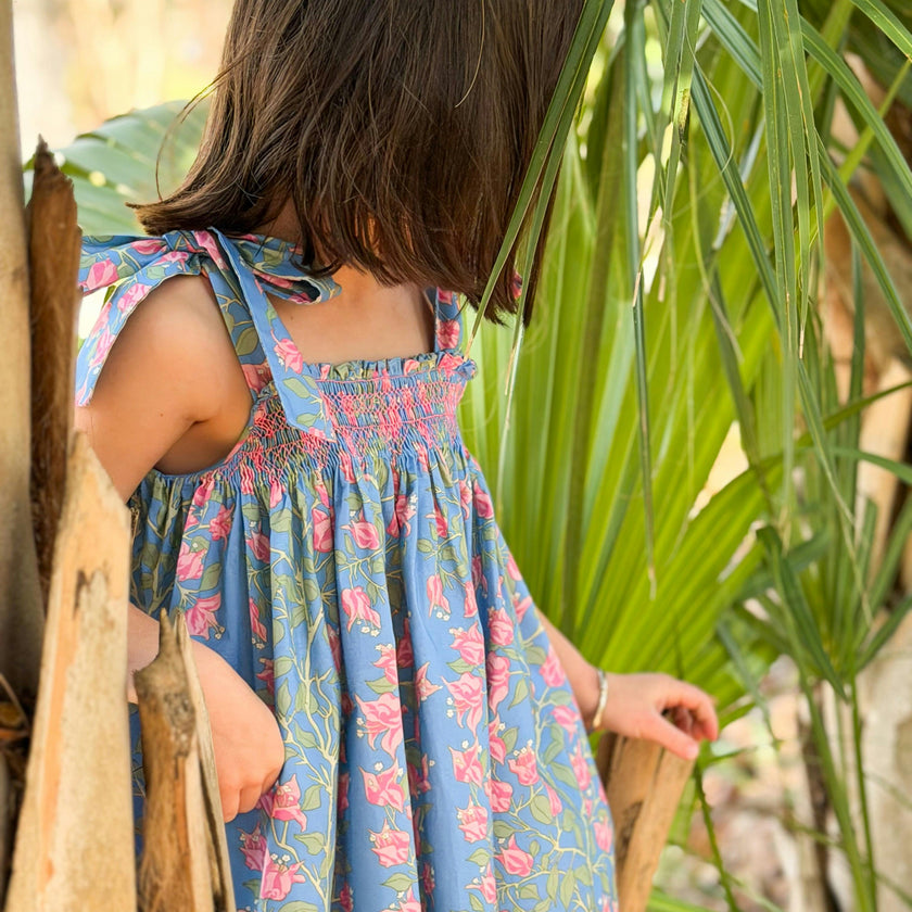 Loblolly Dress in Blue with Pink Bougainvillea