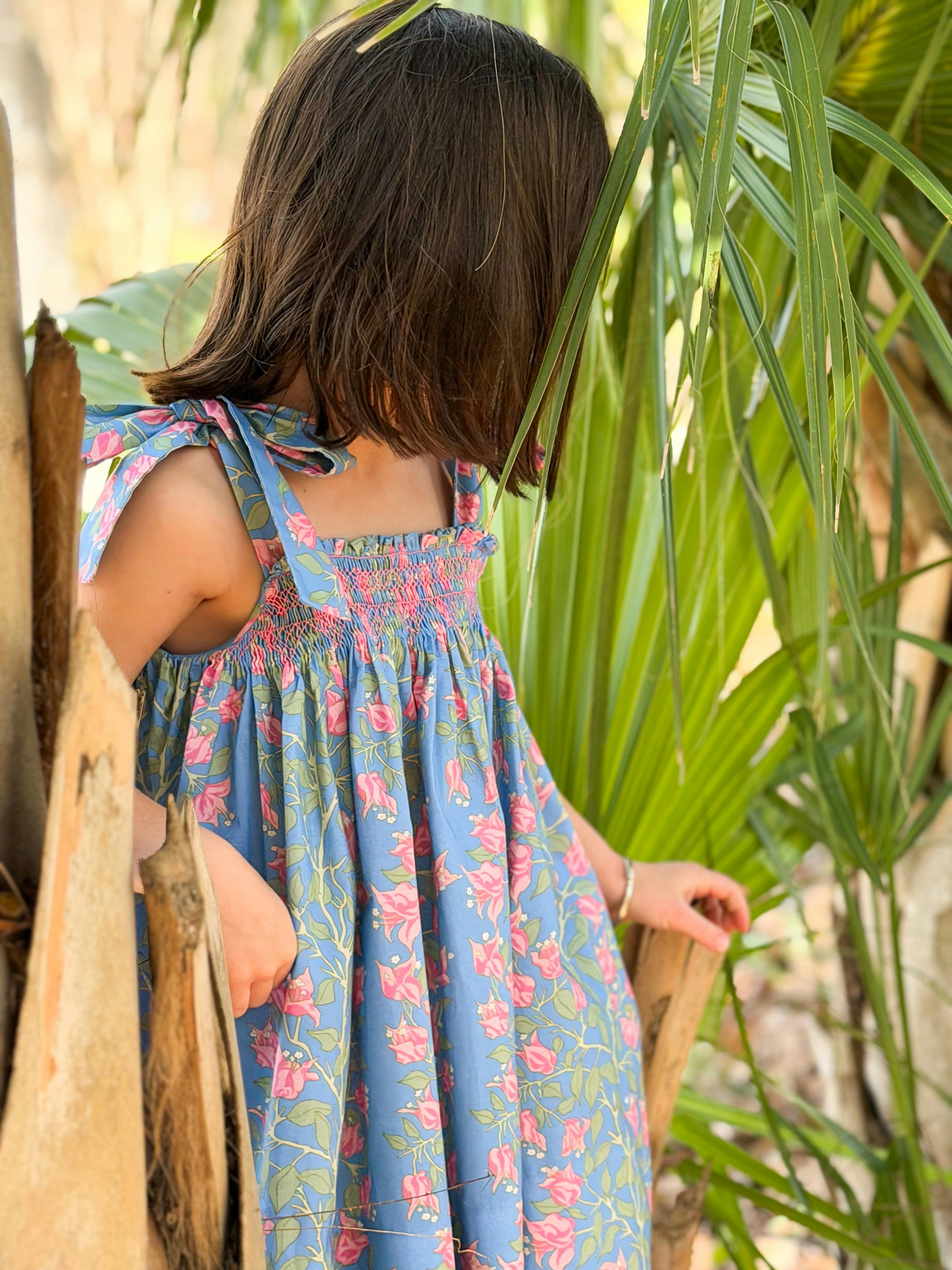 Loblolly Dress in Blue with Pink Bougainvillea
