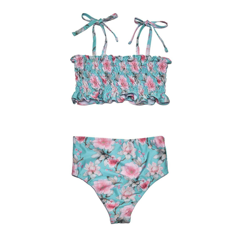 Girls Ruched Bikini Set – Adjustable Straps & High-Waisted Bottoms (Meadowlight)