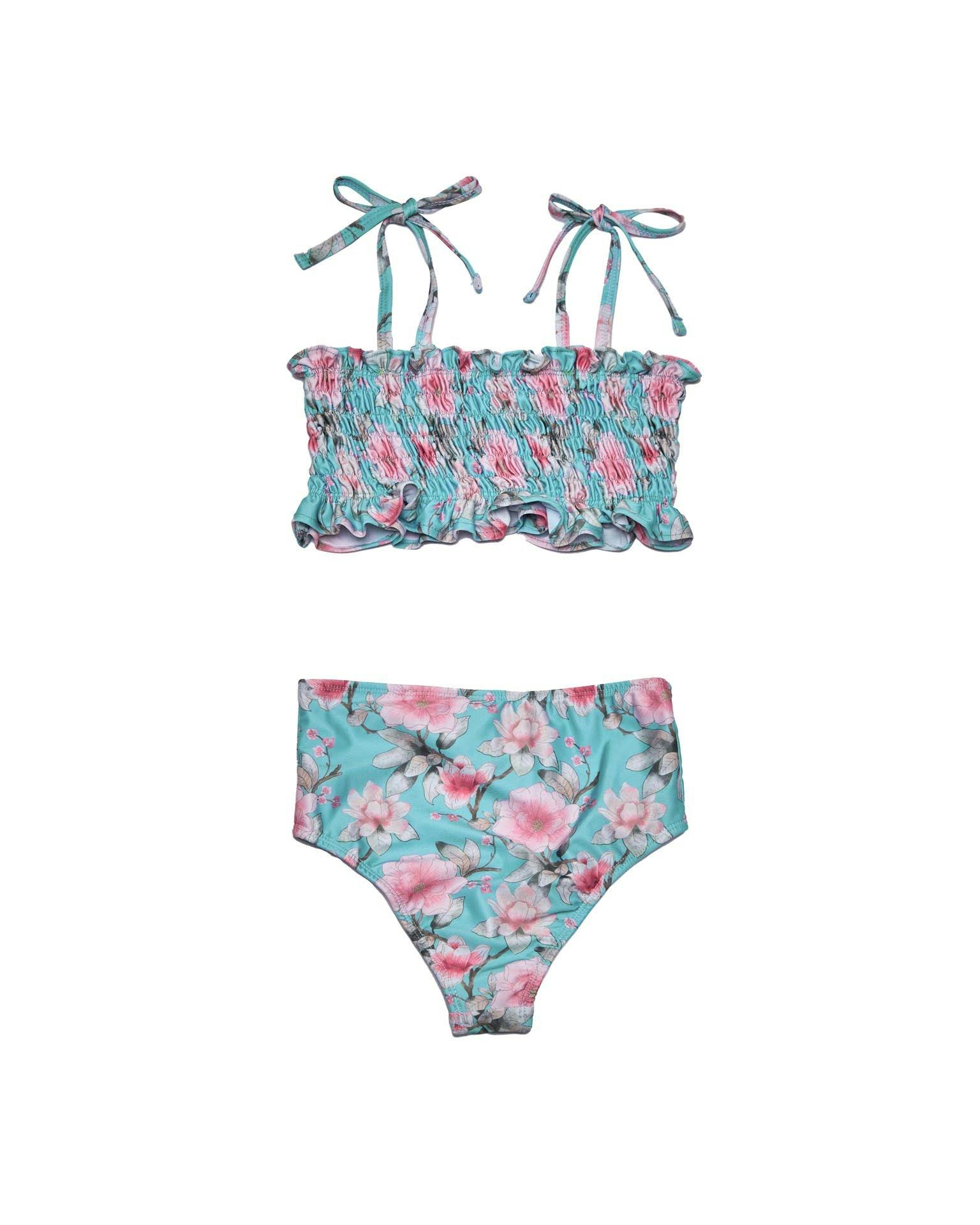 Girls Ruched Bikini Set – Adjustable Straps & High-Waisted Bottoms (Meadowlight)