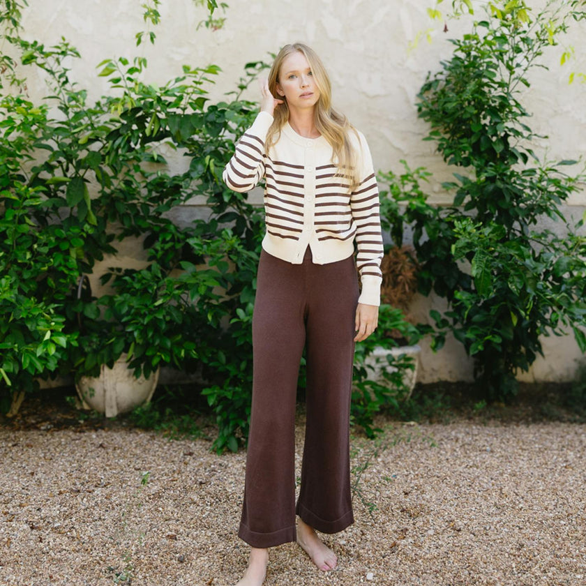 women's cream and brown stripe cropped knit cardigan