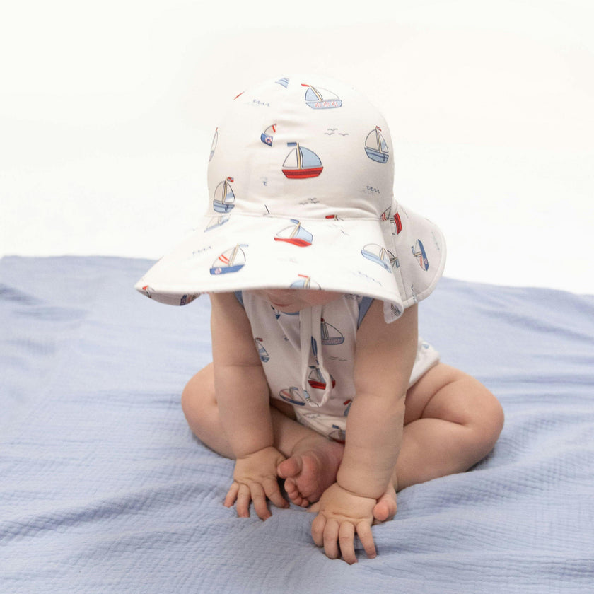 Bubbly Sailboats Blue - Wide Brim Sun Hat