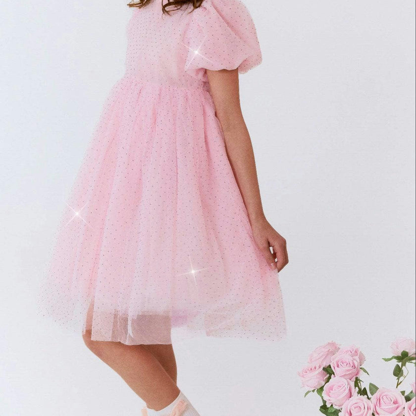 short pink puff sleeve tulle dress Magic Crystal Short Puff Sleeve Dress – Maisonette