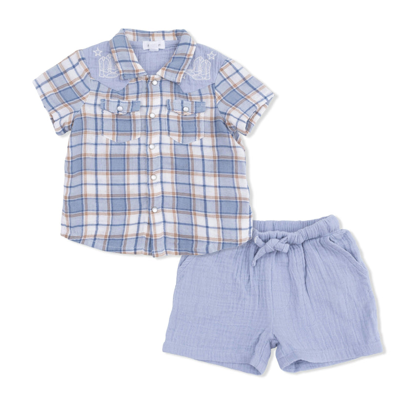 Western Boot Plaid - Short Sleeve Western Pearl Snap Shirt with Casual Short