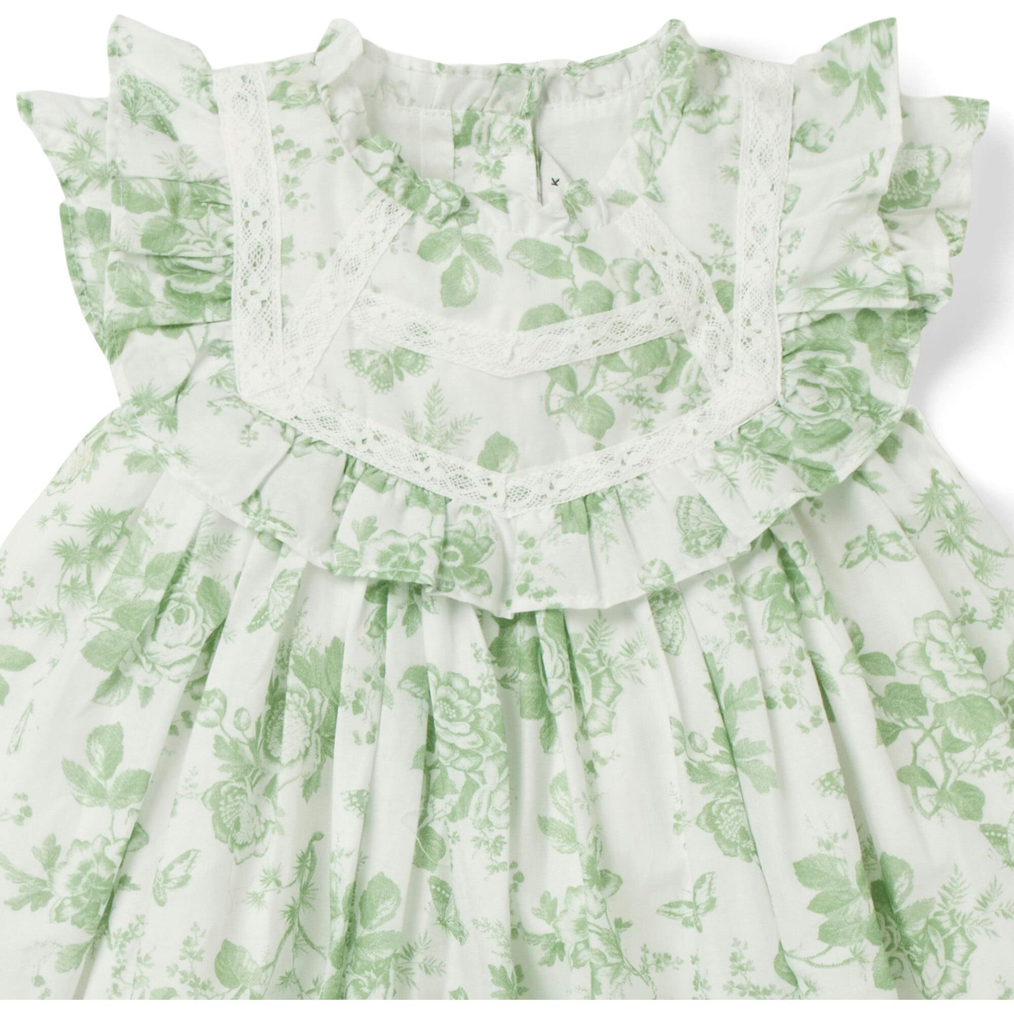 Baby Floral Toile Ruffle Dress, Green