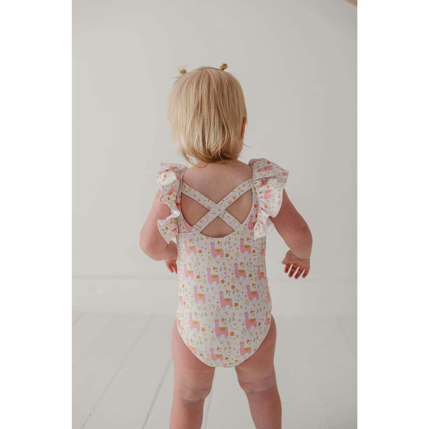 Baby Girl Ruffle Sleeve Cross Back Swimsuit