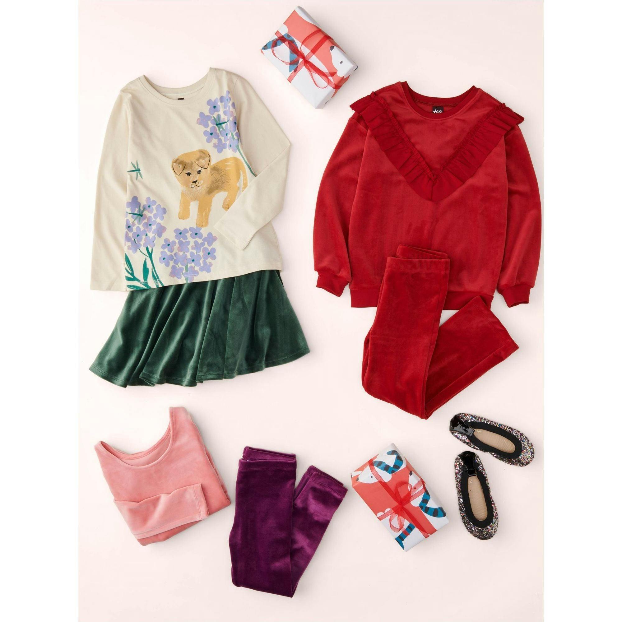 Velour Ruffle Tunic Top, Red