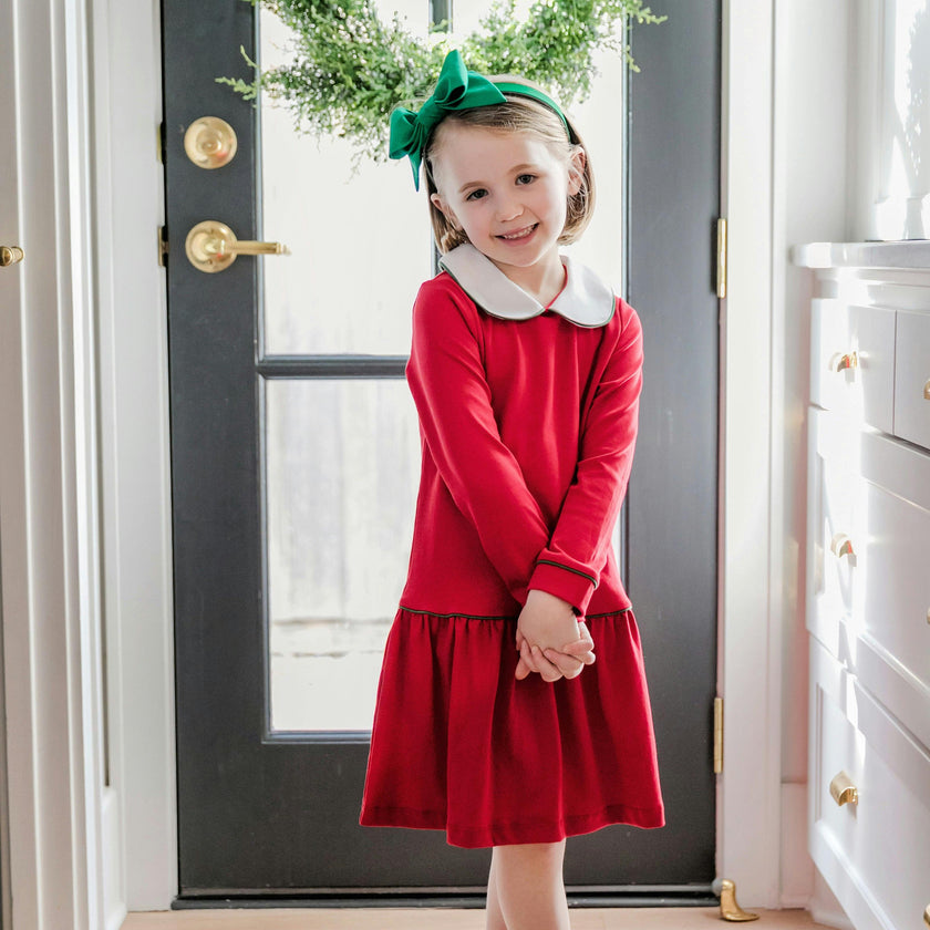 Lillian Girls' Dress Red with Green Piping
