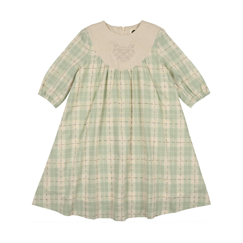 Embroidered Windowpane Long Sleeve Dress