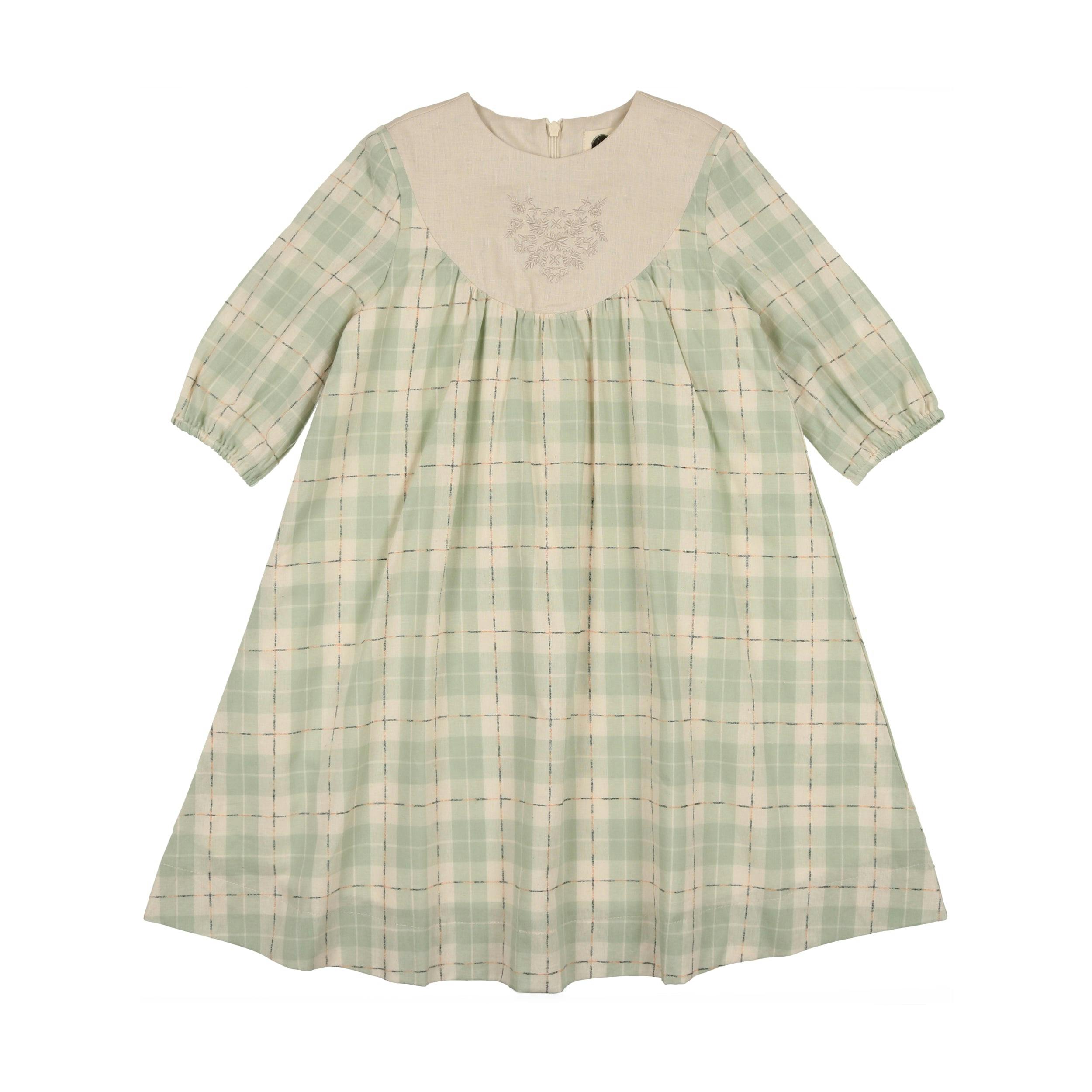 Embroidered Windowpane Long Sleeve Dress