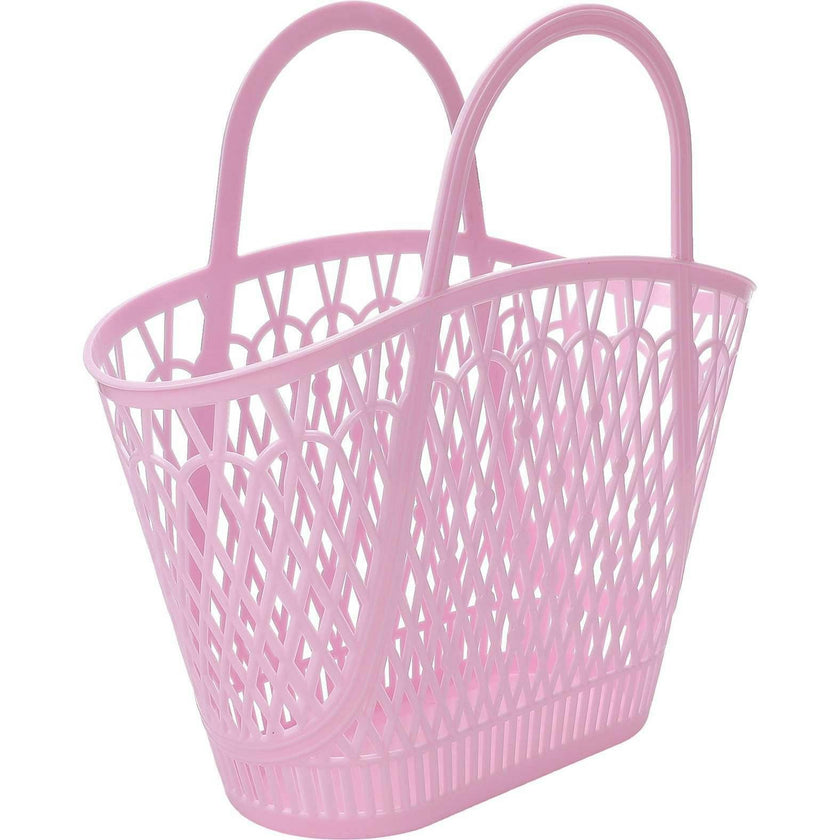 Packed Party Petal Party Pink Silicone Woven Basket with 6 Floral Twisty Charms - Lightweight Open Weave Carryall, 16x10.4 Inch with 15 Inch Handle