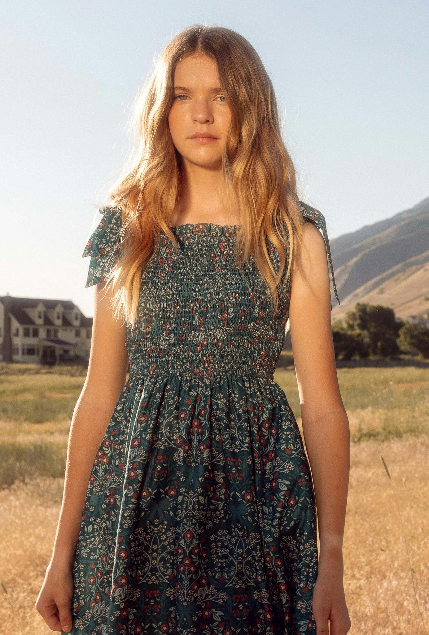 Mini Rayna Dress in Teal Ribboned Garden
