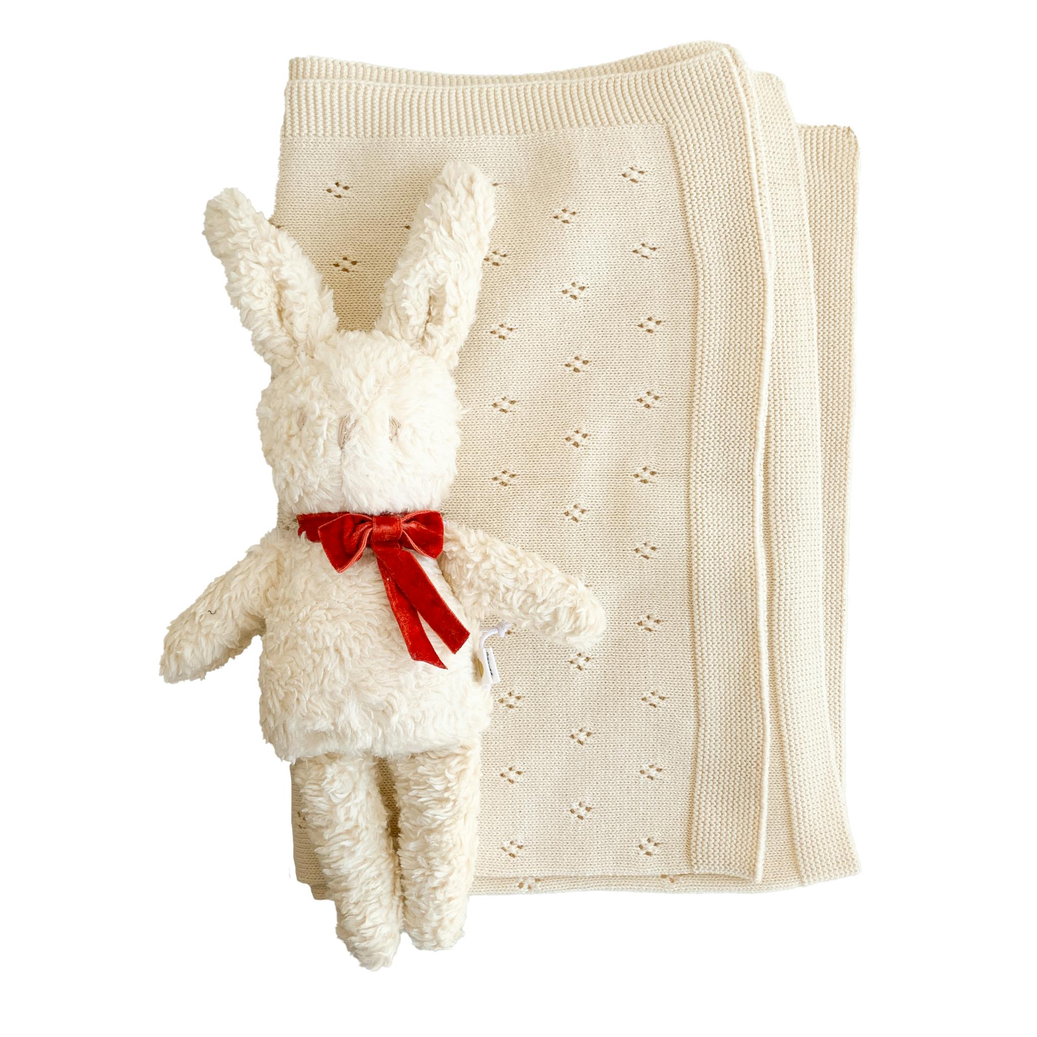 Pique Blanket and Charlie Bunny Plush Toy Set - Cream
