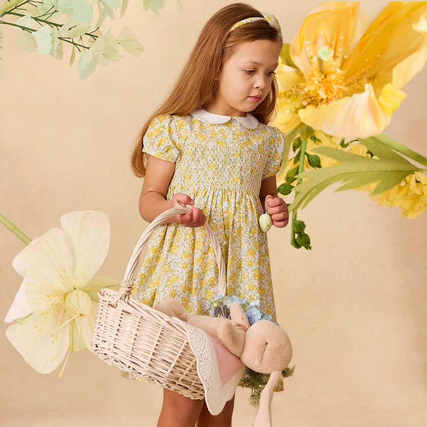 Rosie Smocked Dress in Yellow Rose Floral