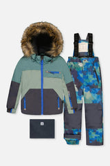 Two Piece Play Snowsuit Green And Navy Colorblock With Blue Camouflage Pants