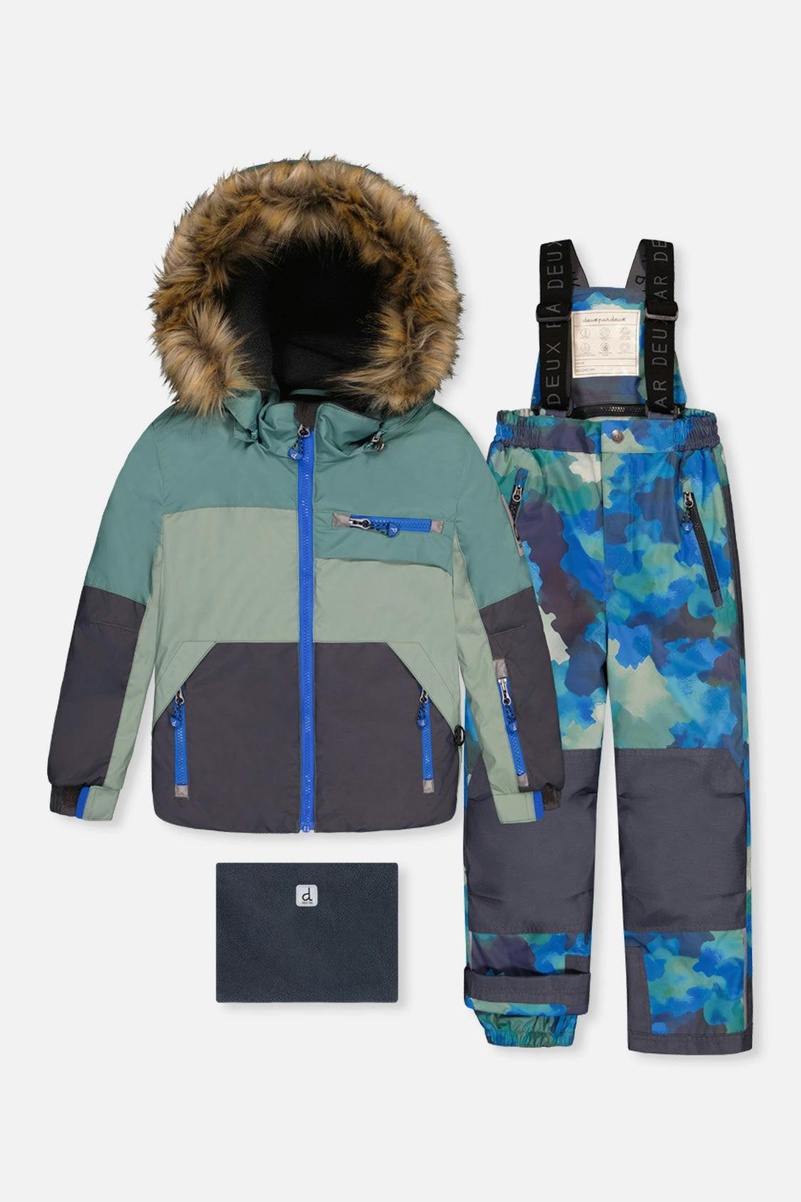 Two Piece Play Snowsuit Green And Navy Colorblock With Blue Camouflage Pants