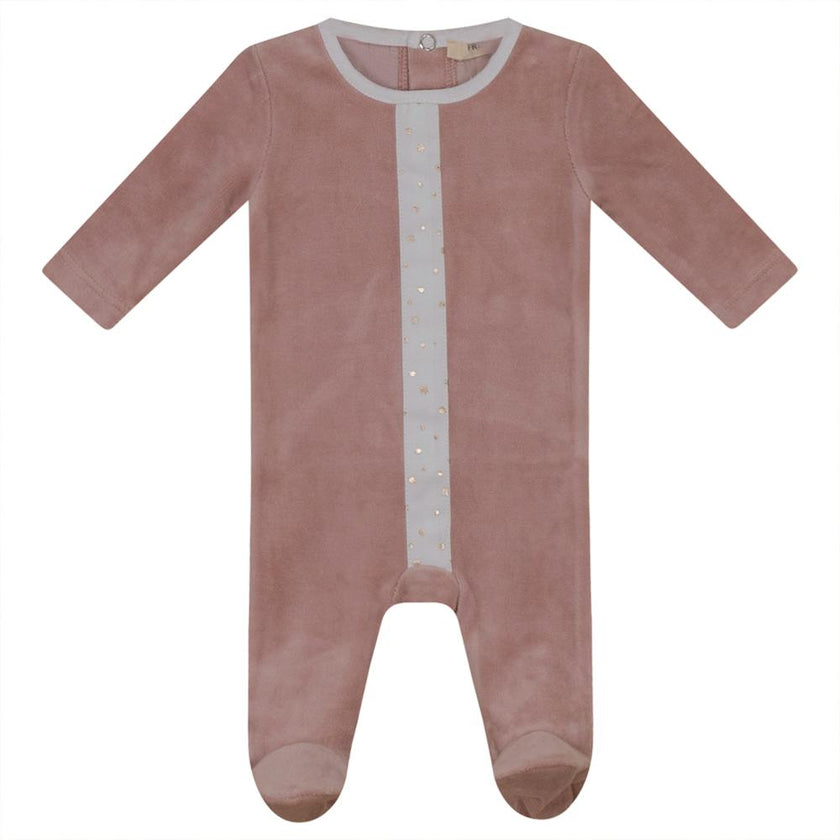 Gold Stars Print Velour Button Front Long Sleeve Romper