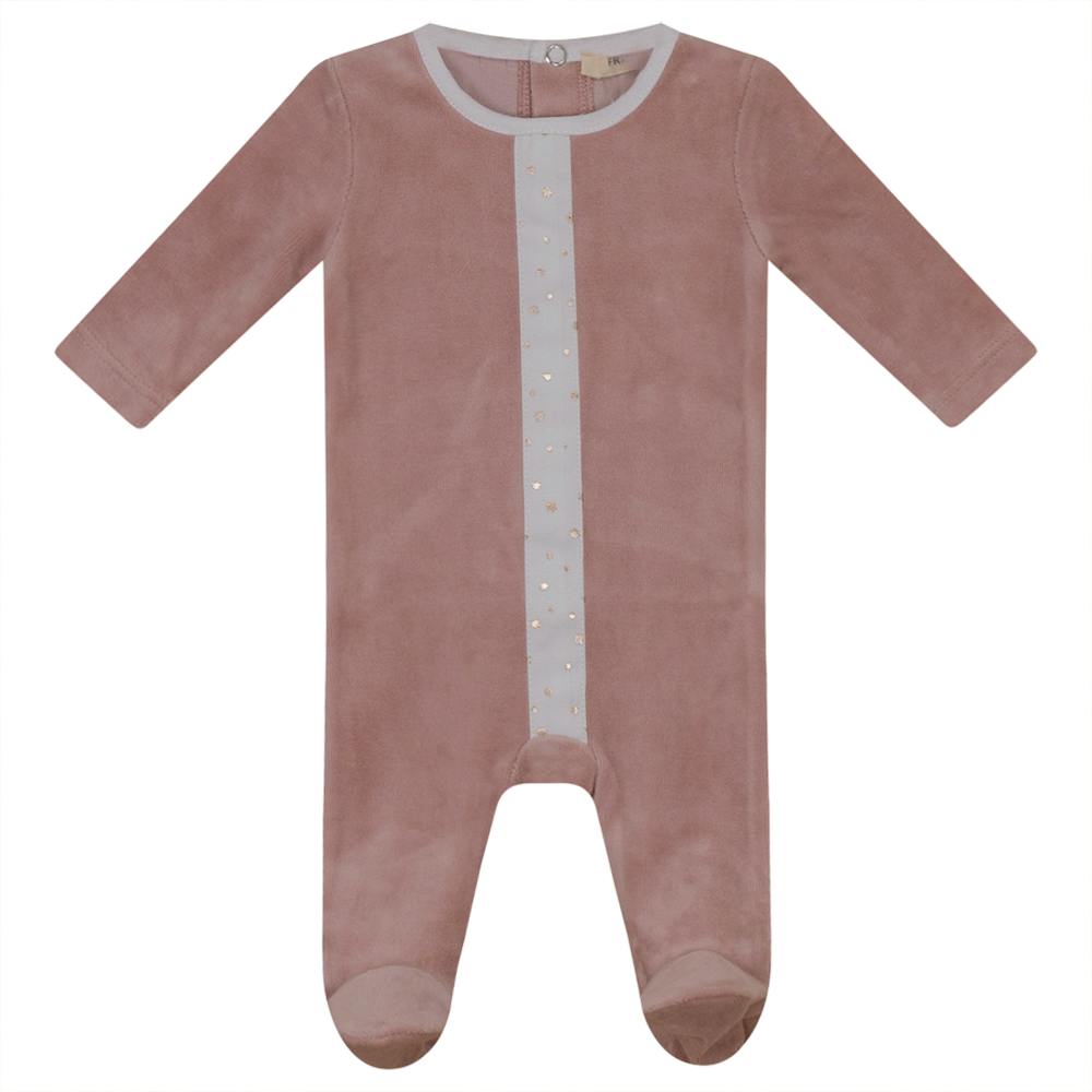 Gold Stars Print Velour Button Front Long Sleeve Romper