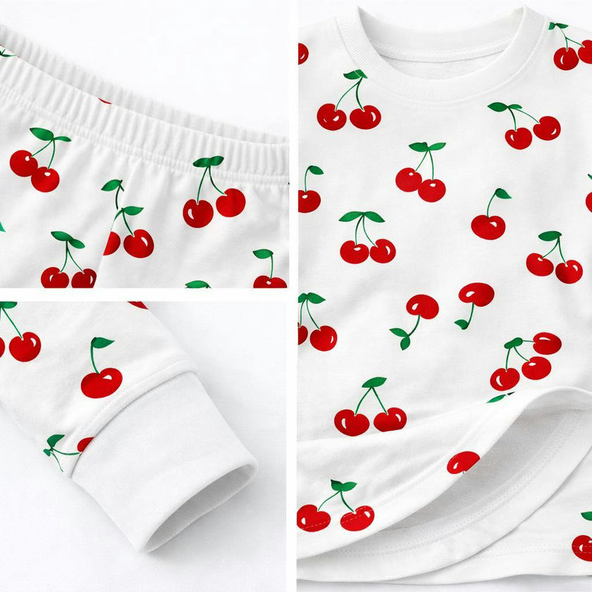 Kids and Toddlers Girls Cherries Short Sleeve Snug Fitted Soft Pajamas Set