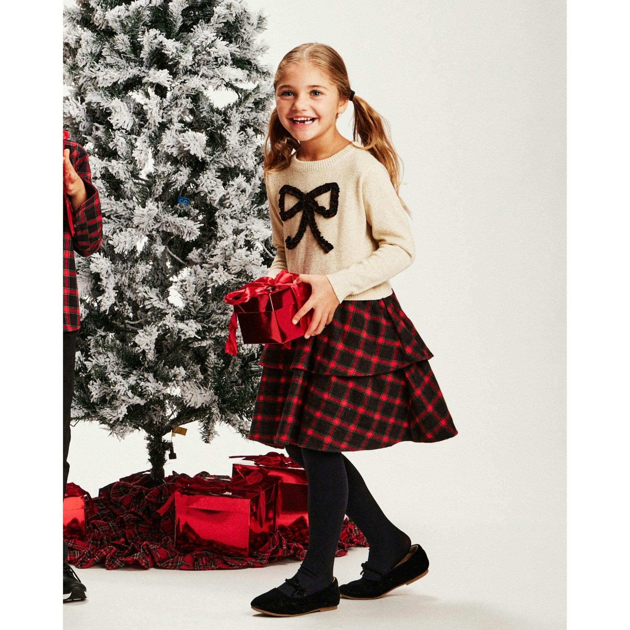 Girls Holiday Sweater Dress | Plaid Bow