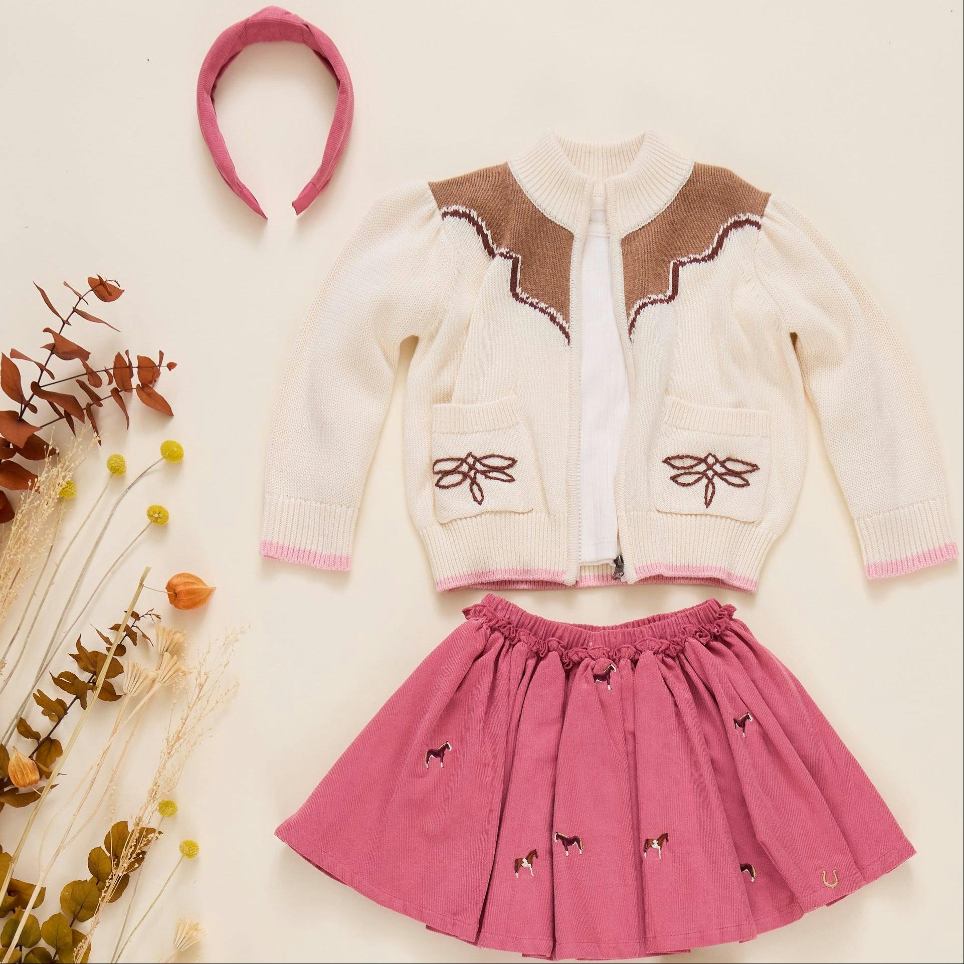 Girls Western Zip Sweater - Cream and Brown