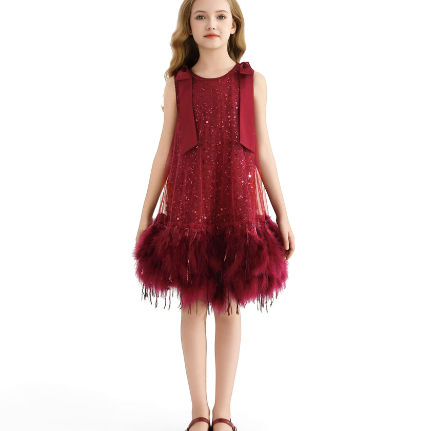 Red Sequin Feather Dress