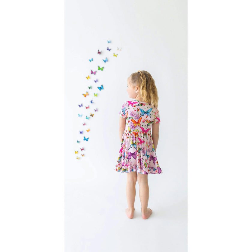 Watercolor Butterfly Short Sleeve Ruffled Twirl Dress