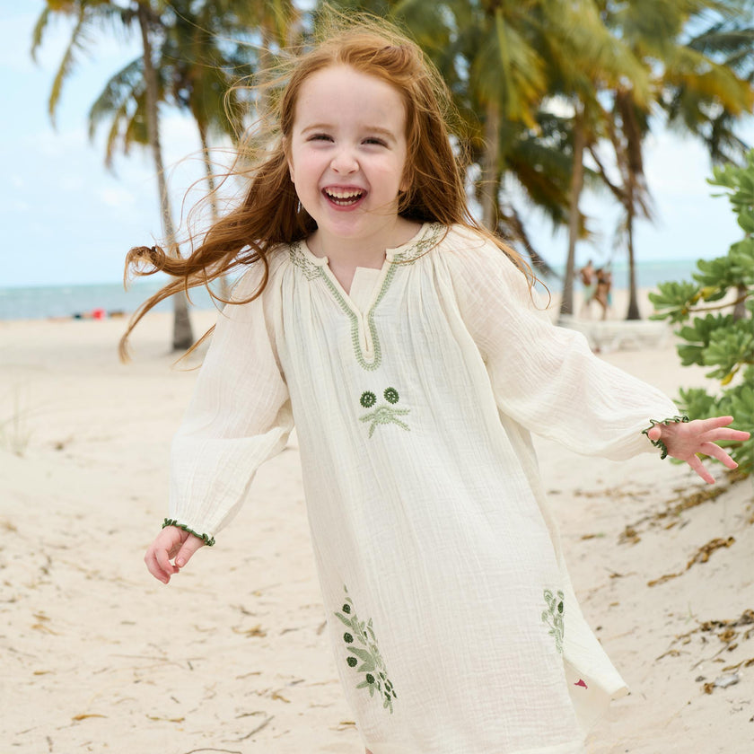 Girls Ava Dress - Green Embroidery