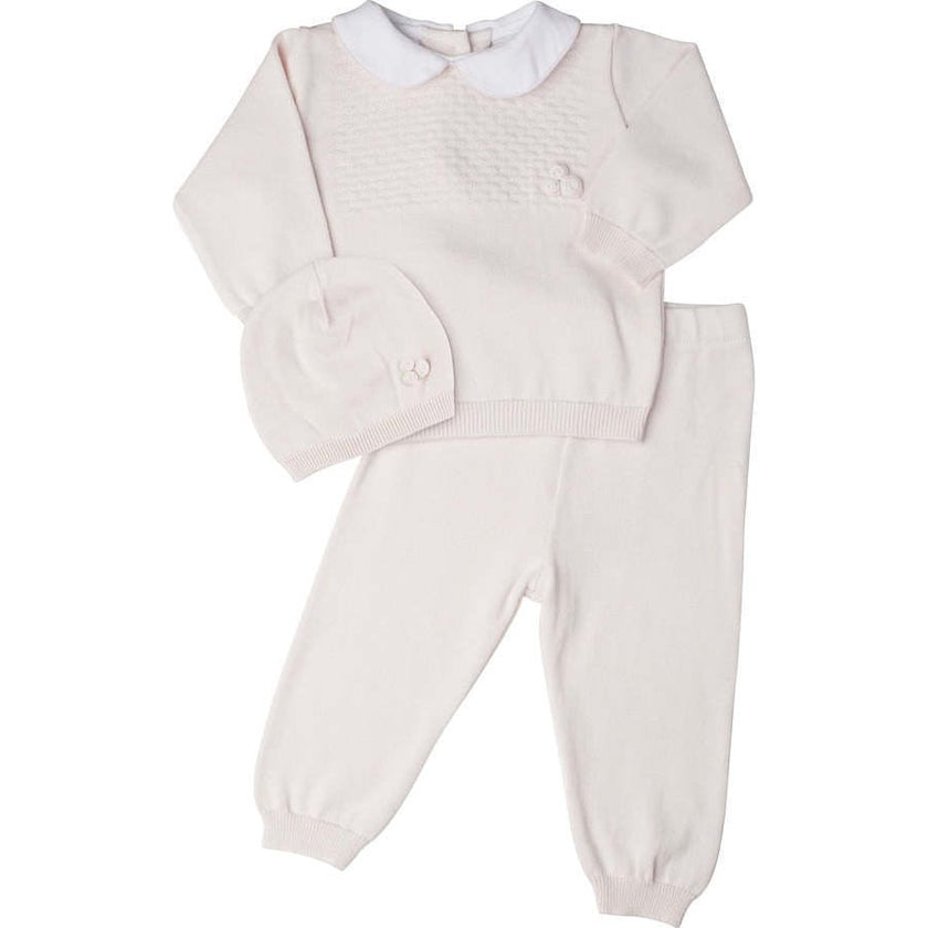 Girls Pique Collar Diamond Knit 2-Piece with Hat Pink