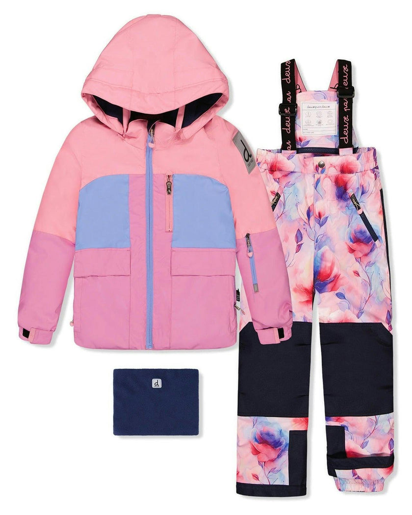 Two Piece Play Snowsuit Pink And Purple Colorblock With Watercolor Floral Print Pants