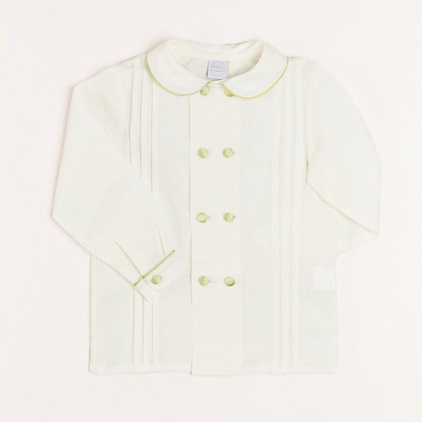 Double-Breasted Peter Pan Collar Shirt with Green Silk Piping (12mths-10yrs)