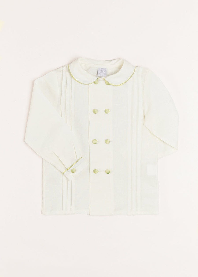 Double-Breasted Peter Pan Collar Shirt with Green Silk Piping (12mths-10yrs)