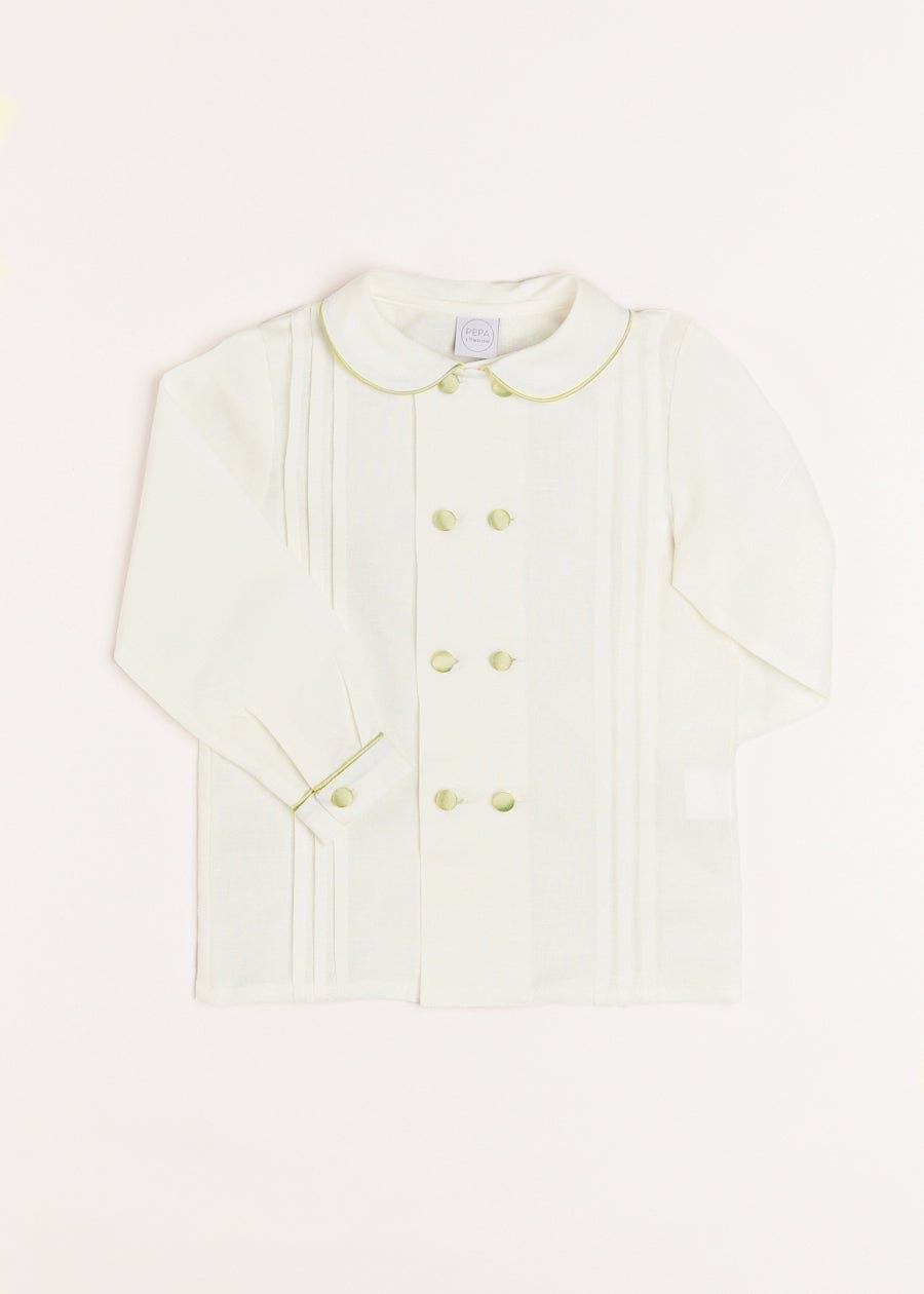 Double-Breasted Peter Pan Collar Shirt with Green Silk Piping (12mths-10yrs)