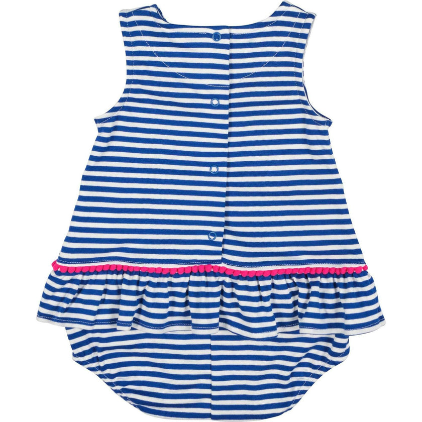 Stripe Knit Romper With Pom Poms & Flowers