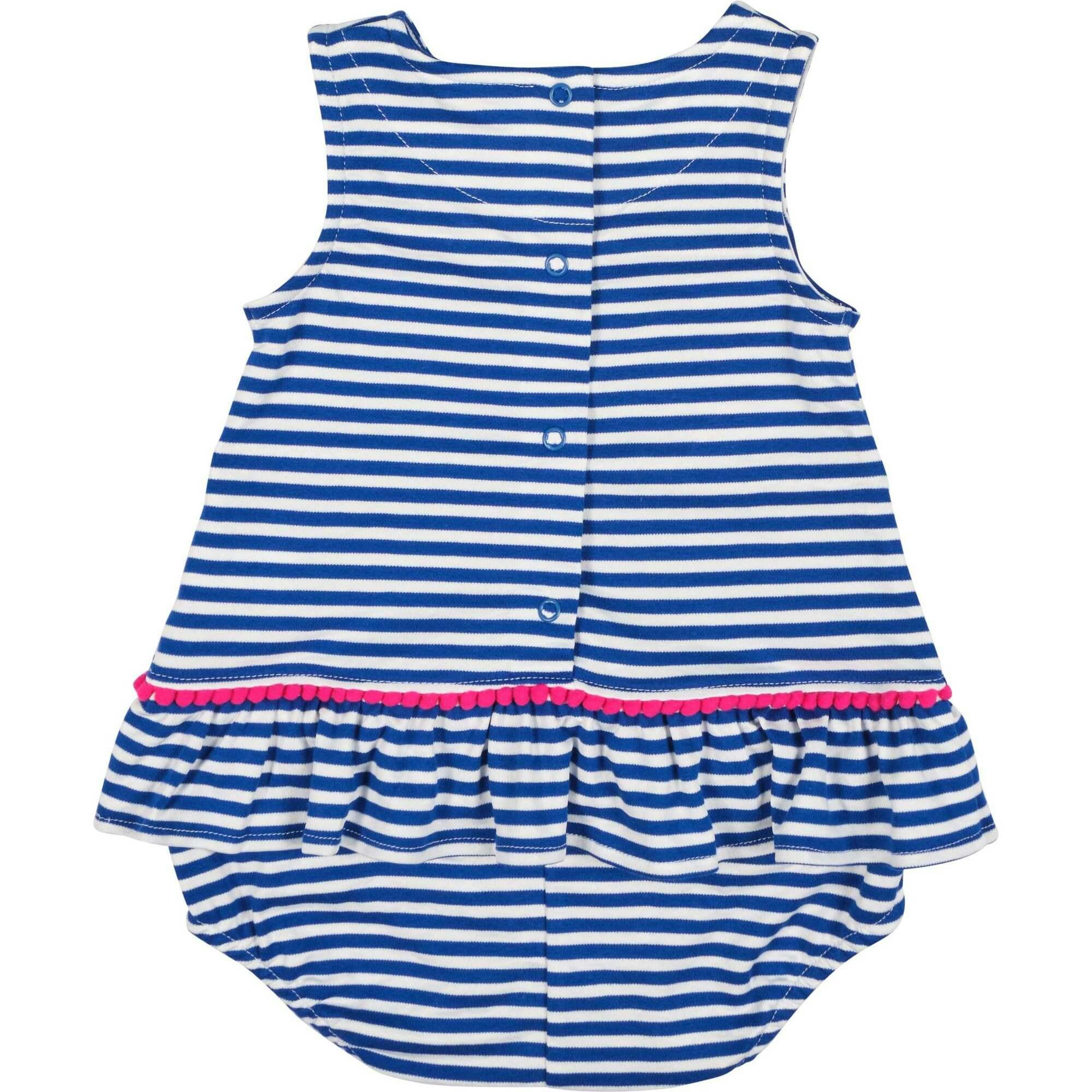 Stripe Knit Romper With Pom Poms & Flowers