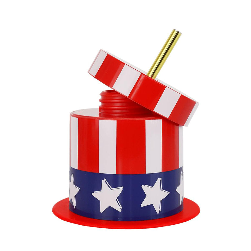 Packed Party Hats Off to the USA Patriotic Uncle Sam Top Hat Sippers - 14 oz Novelty 4th of July Cups with Gold Plastic Straws and Leak-Proof Lids