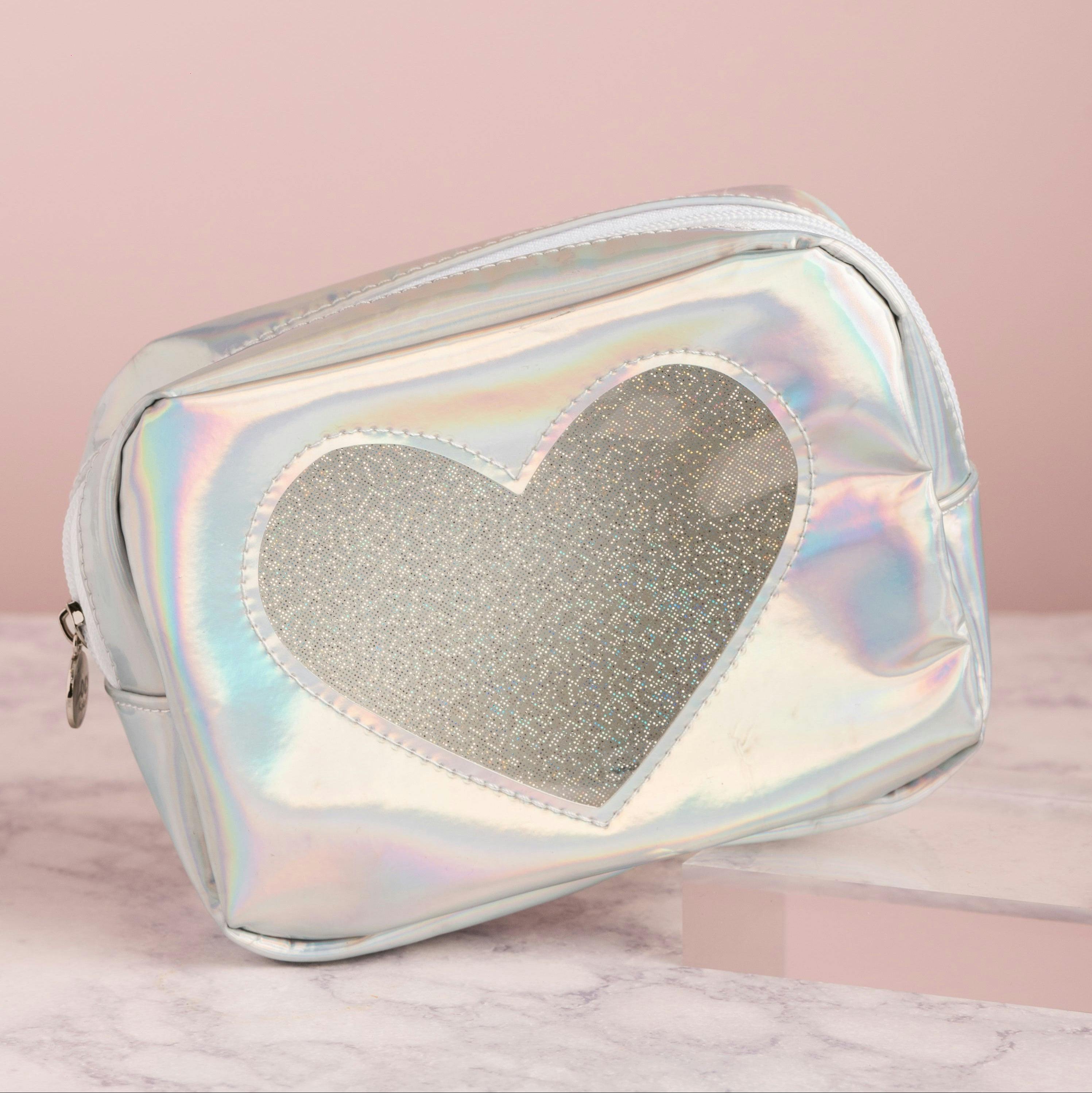 Holographic Glitter Heart Cosmetic Bag