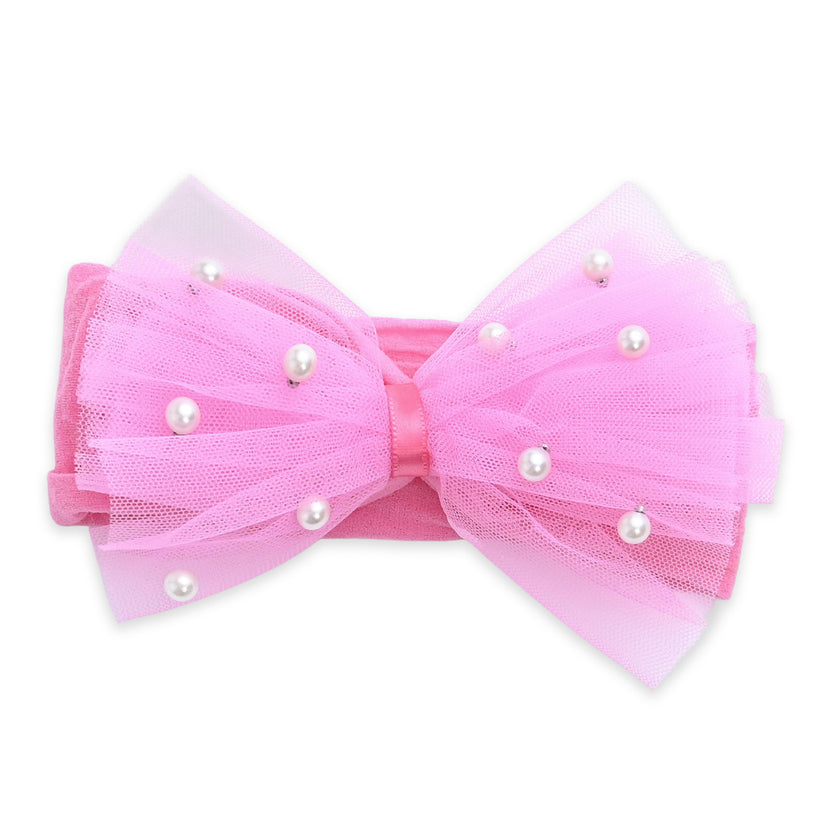 Multicolor Elastic Tulle Pearl Bow Headband Set