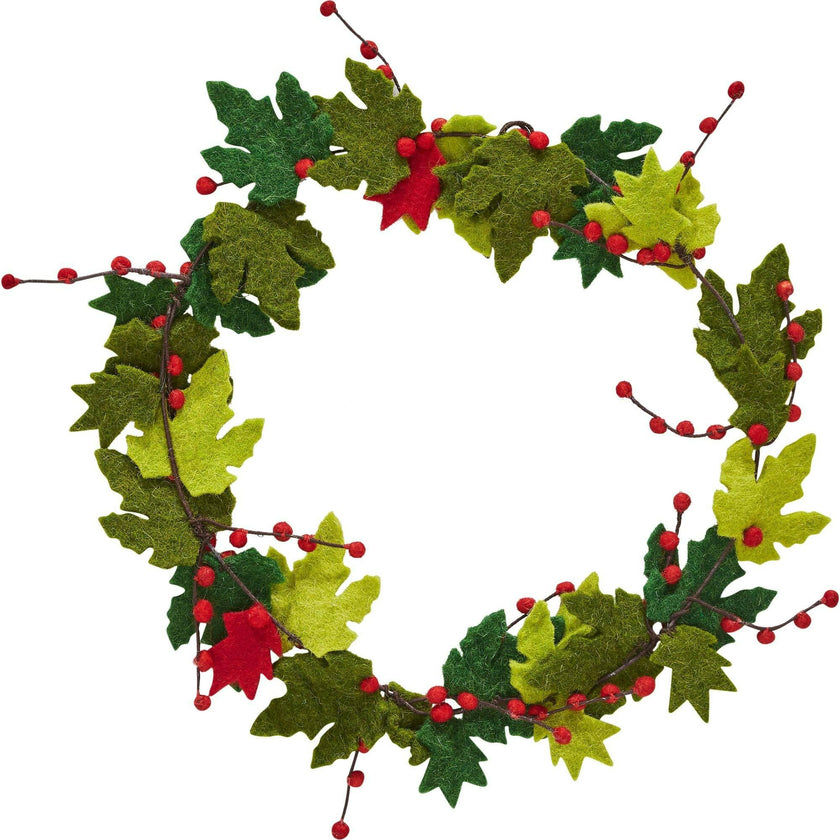 Maple Leaf Wreath Berries Hand Felted Wool - 12"