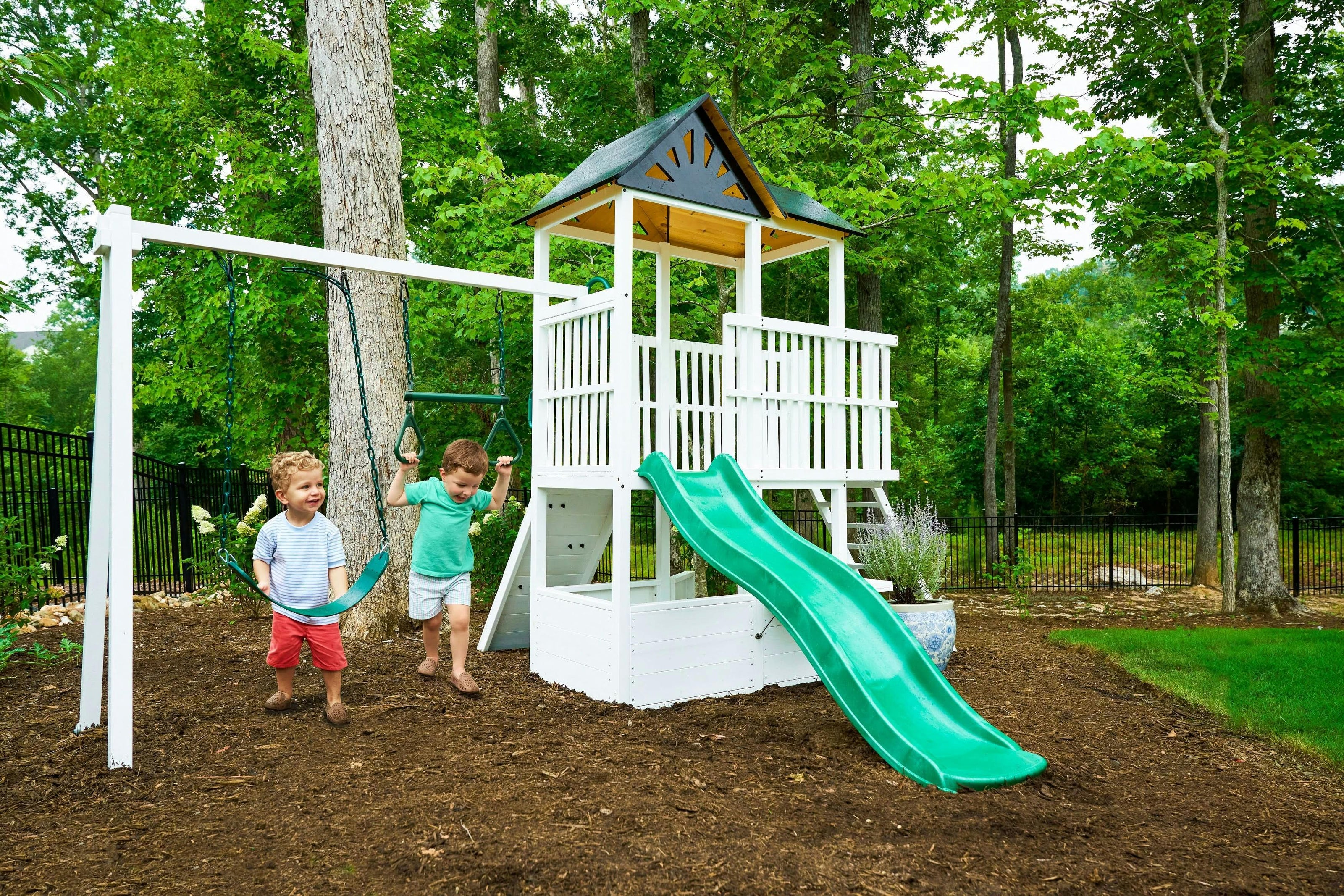 Craftsman | Modern Wooden Swing Set with Slide, Climber & Sandbox