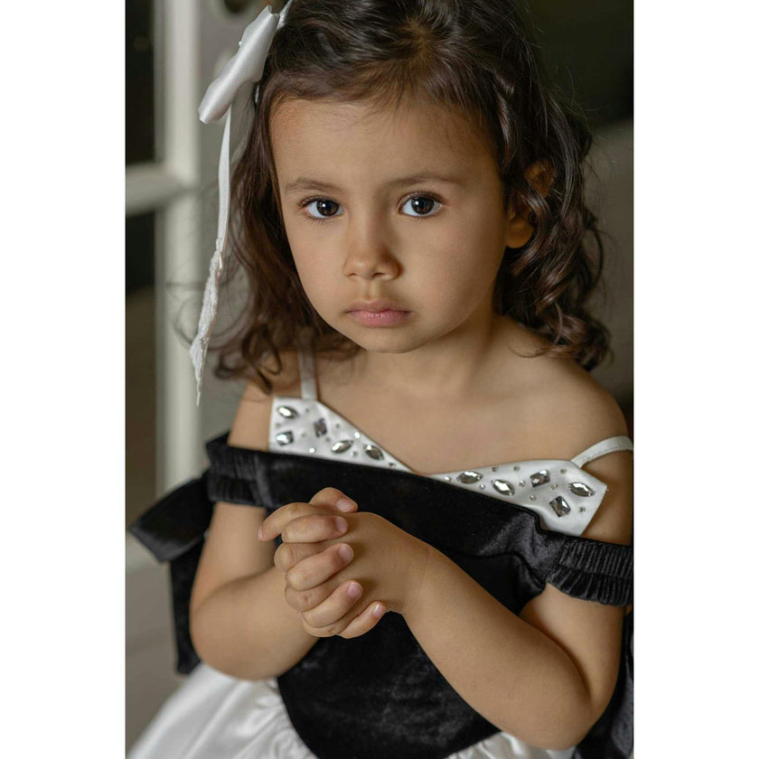Audrey Black Velour Top and White Sateen Dress