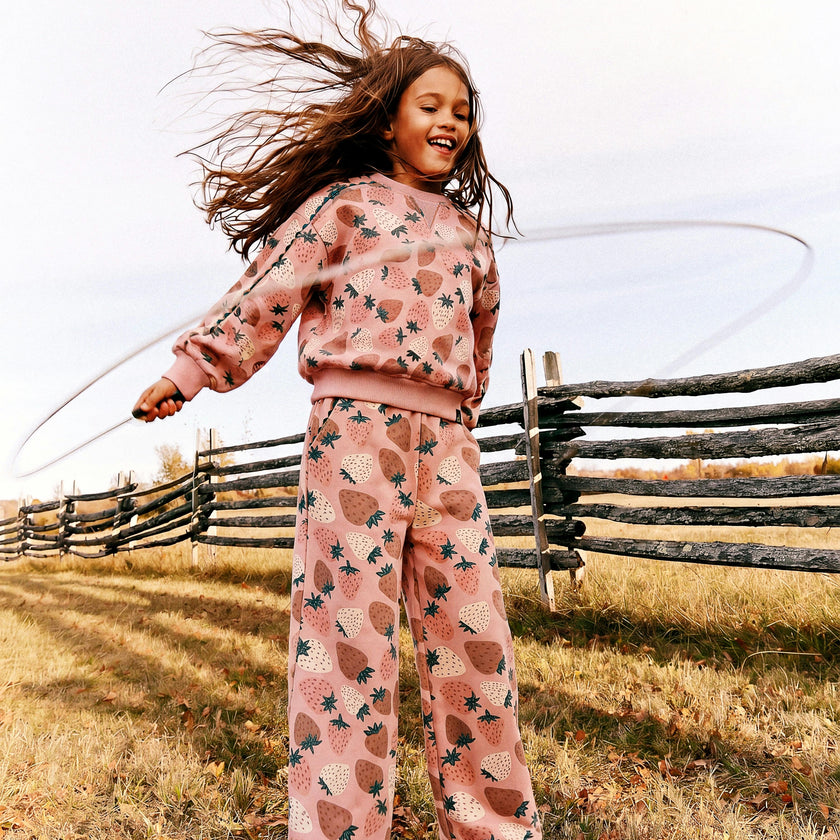 Wide Leg Sweatpants Pink Strawberry Print