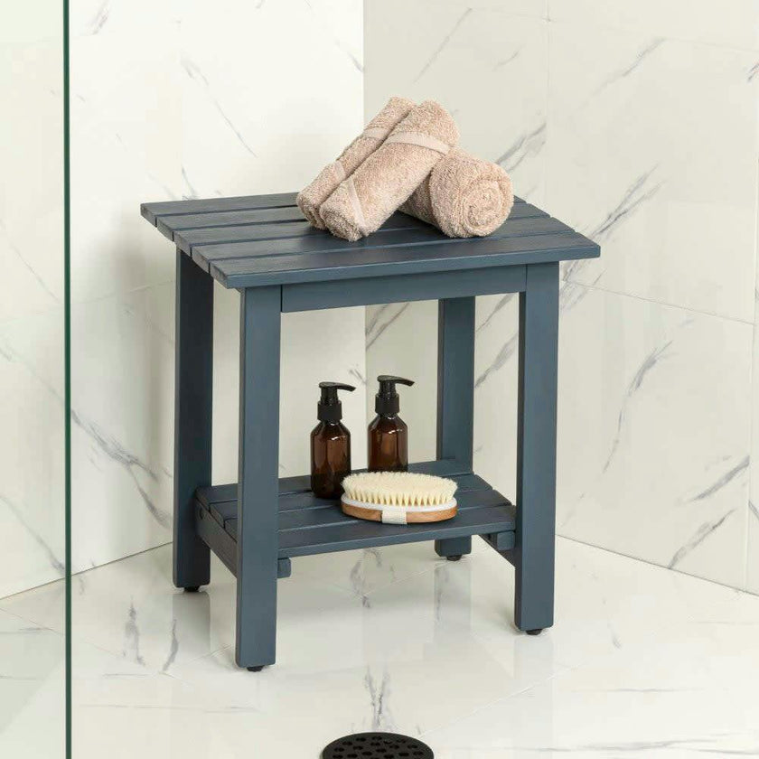 Kellie 16.1" Cottage Classic Slatted Solid Acacia Wood Indoor/Outdoor Shower Bench with Shelf