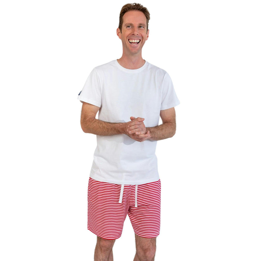 Men's Red Stripe Jersey Sleep Shorts - Organic Stretch Cotton